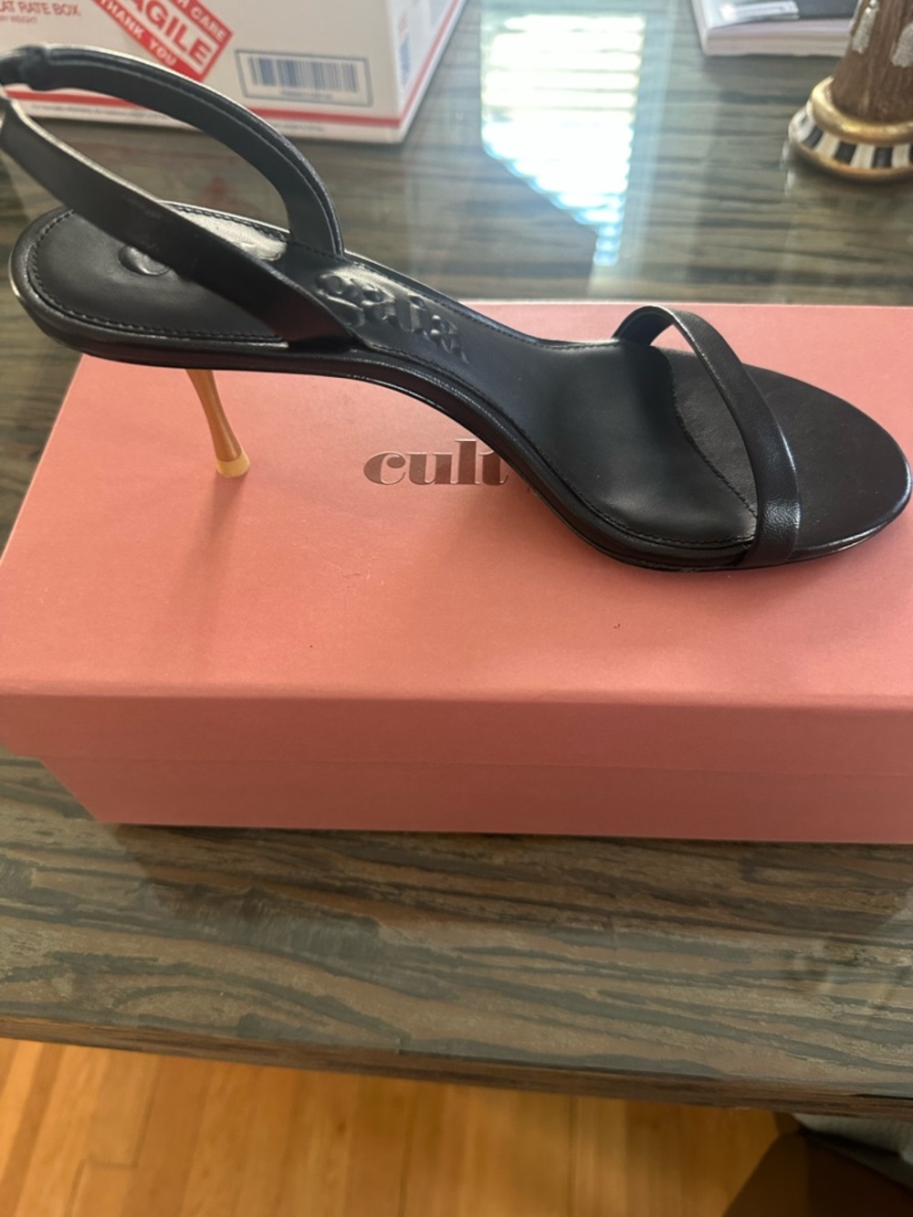 cult gaia Black Slingback Sandal with Gold Stiletto Heel-Amputee